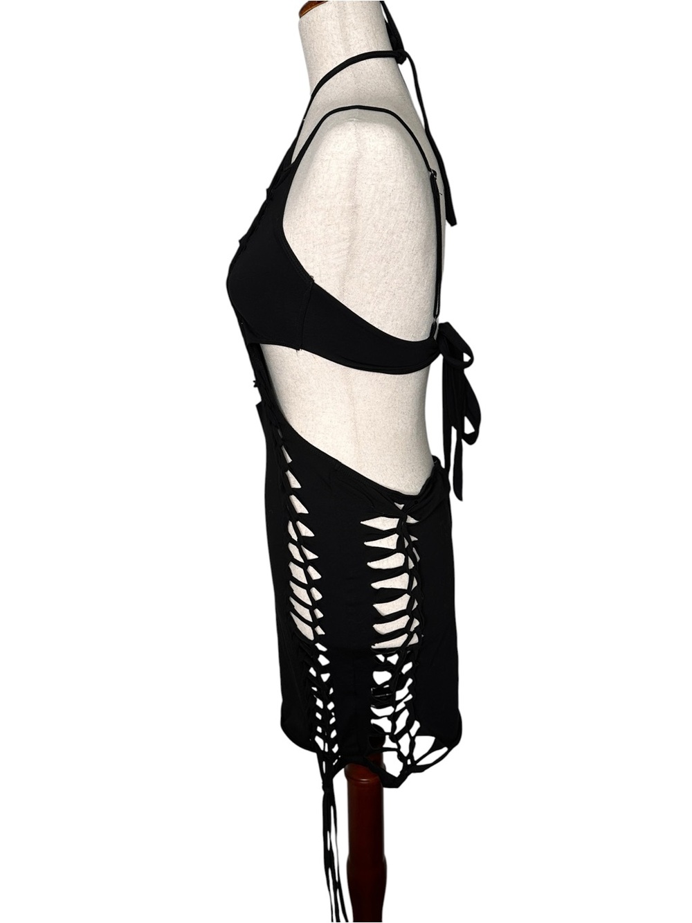 Dolls Kill Darker Waves Shredded Black Cutout Lace-up Bodycon Rave Mini Dress - Picture 7 of 15